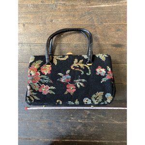 Vintage Black Floral Embroidered Needlepoint Tapestry Purse Handbag Read Below
